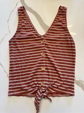 ELODIE Rust Orange Striped Ribbed Button Front Tie Hem Tank Top Size S